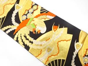 アンティーク　鳳凰に扇・花模様織り出し袋帯（着用可）